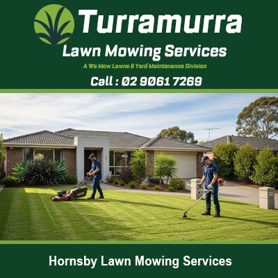 Professional lawn mowing team servicing residential property in Hornsby