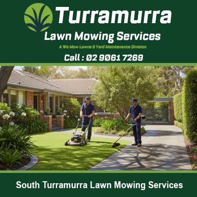 Professional lawn mowing team maintaining residential property in South Turramurra