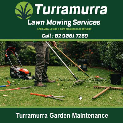 Worker with lawn mower and gardening tools in Turramurra