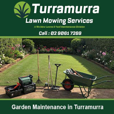 Gardening tools on striped lawn in Turramurra