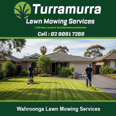 Professional lawn mowing team servicing residential property in Wahroonga